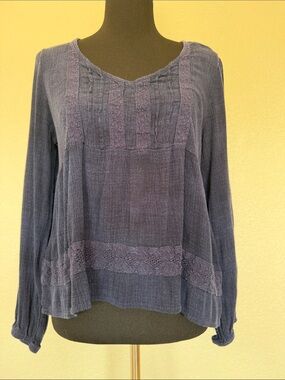 Rewind Navy Long-Sleeve Gauzy Peasant Top